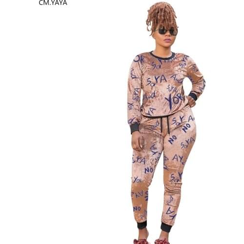 CM.YAYA Letter Print Plus Size XL-5XL Womens Set Long Sleeve T-Shirt Jogger Pants Suit Tracksuit Two Piece Set Fitness Outfits