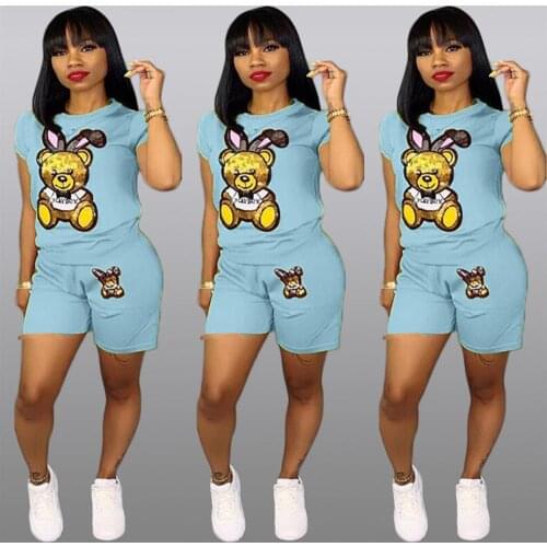 Top sale ladies 2 pieces tracksuit bear sequin track suit set for women summer short pants suit LQ5090
