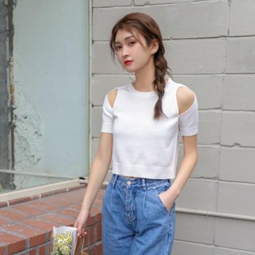 2021 Summer Basic Sexy Crop Top Knitted Women Short Sleeve Off Shoulder Casual Y2K Fashion Party T-Shirt Tee Shirt Femme