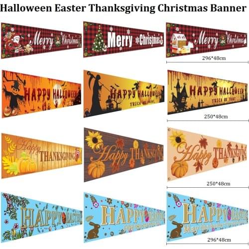 250x48/296x48cm Happy Halloween Easter Thanksgiving Christmas Banner Print Party Backdrop Hanging Banner Halloween Home Decor