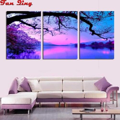 3pcs 5D DIY Diamond Painting Lake Sunrise Big Tree Scenery Cross Stitch Kit Full Drill Embroidery Mosaic Art Rhinestones Decor