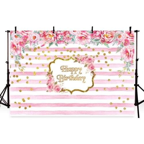 7x5 happy birthday backdrops pink white stripes blooming flowers with gold text backgrounds for photo studio photographic props