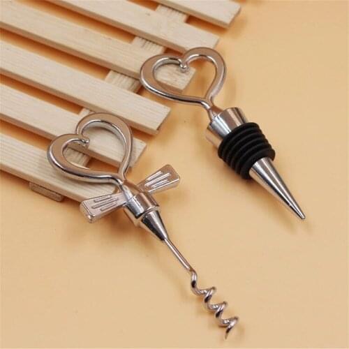Free Shipping Bride and Groom Bottle Stopper and Opener Two Hearts Wine Opener Favor Set Wedding Favor 6Boxes=12Pcs/Lot