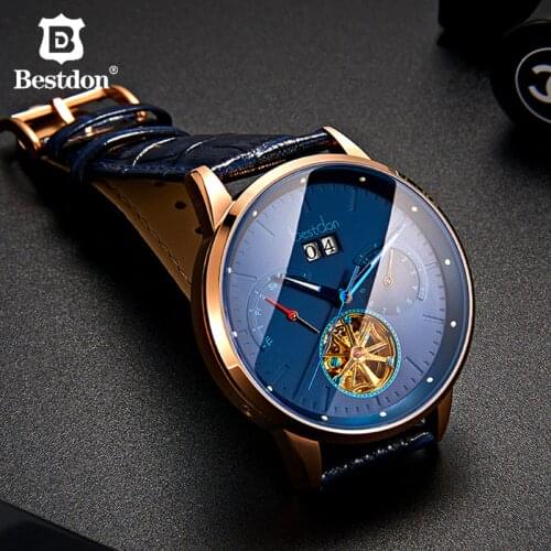 Bestdon Luxury Brand Mens Mechanical Watch Fully Automatic Skeleton Flywheel Watches Waterproof Large Dial Hot Sale Wristwatch