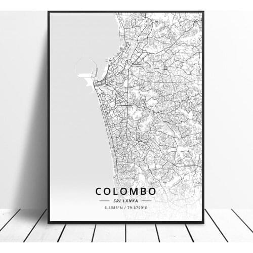 Black and White Cokombo Sri lanka Latitude Longitude Canvas Art Map Poster