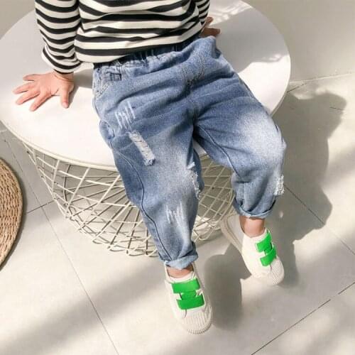 2021 Spring Autumn New Boys Casual Jeans Girls Ripped Jeans Children Trousers