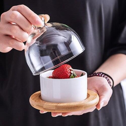 Serve ceramic bread bowl hotel salad ice cream bowl pudding cup dessert plate with glass cover bamboo tray