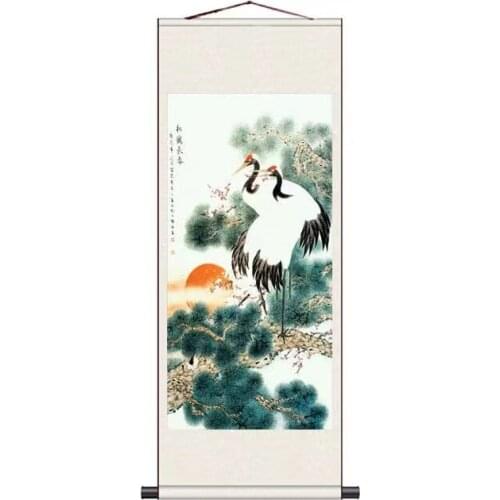 Chinese Ink Crane Pine Tree Wall Art Decor Scroll Hanging Painting Vintage Bedroom Home Office Decor Poster Decoracion Para Sala