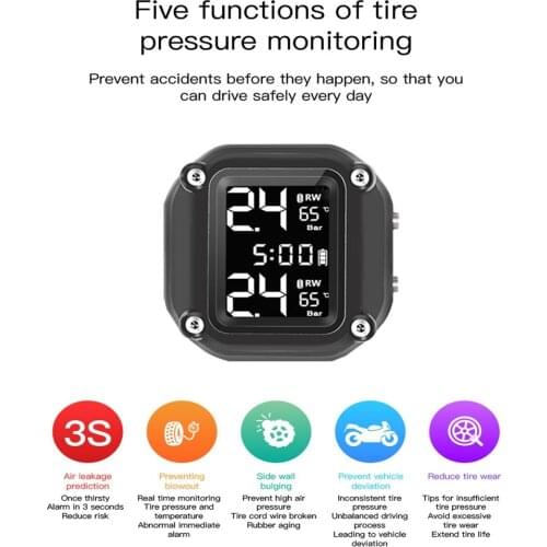 TPMS Car Tire Monitoring Intelligent System Waterproof Motorcycle Alarm Monitor With 2 External Sensor Temperature Warning