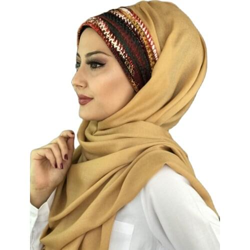 New Fashion Hijab 2021 Muslim Womans Hat Islamic Turban Bone Chiffon Scarf Mustard Yellow Patterned Ribbon Detailed Ready Shawl
