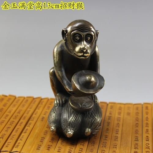 Monkey copper ornaments Feng Shui Zodiac monkey handicraft ornament Zhaocai antique copper Home Furnishing Height 13CM