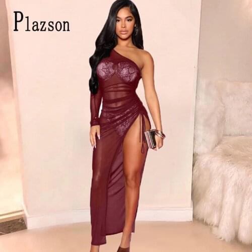 PLAZSON Backless Sexy High Split Long Dress Women Off Shoulder Long Sleeve See Through Clubwear Evening Party Dress Solid Robe