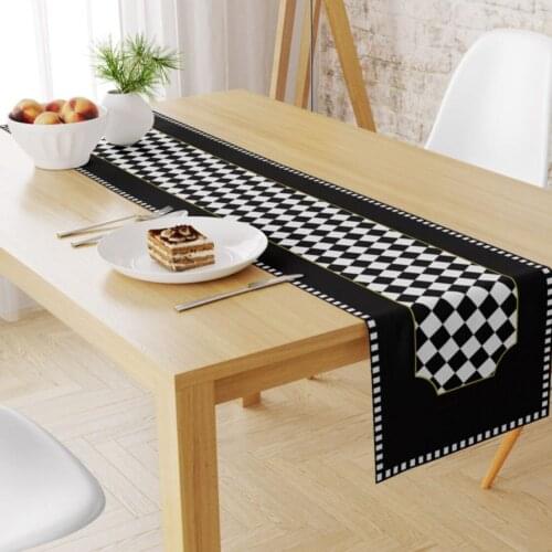 European Style Black White Checkerboard Digital Printed Table Runner Boho Decor Tablecloths Wedding Home Decor Dinner Accessorie