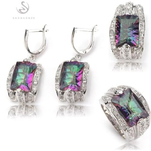 SHUNXUNZE luxury jewelry sets womens accessories (ring/earring/pendant) Rainbow Cubic Zirconia Rhodium Plated R704set size 6 - 9