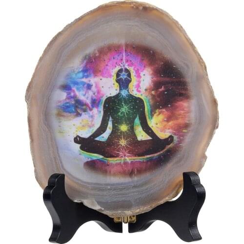 TUMBEELLUWA 7 Chakra Agate Slab Display with Wooden Stand Healing Chakra Stone Slice Irregular Shape Home Office Desk Ornament