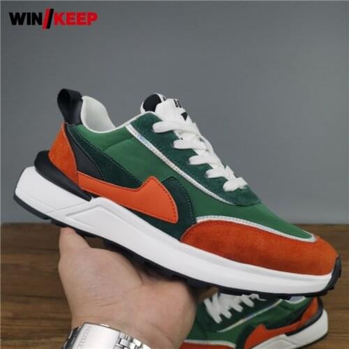 British Style Vintage Men Jogging Sneakers Breathable Round Toe Mixed Color Lace-Up Spring Autumn Running Fitness Sport Shoes