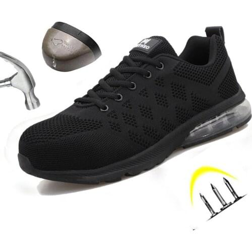 Safety Shoes Men Breathable Mesh Lace Up Rubber Sole Steel Toe Anti Smashing Puncture-resistant Indestructible Work Boots Black