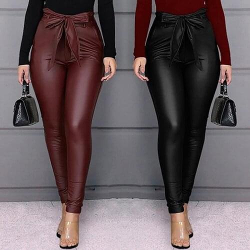 Belt High Waist Pencil Pant Women Faux Leather PU Sashes Long Trousers Casual Sexy Exclusive Design Fashion