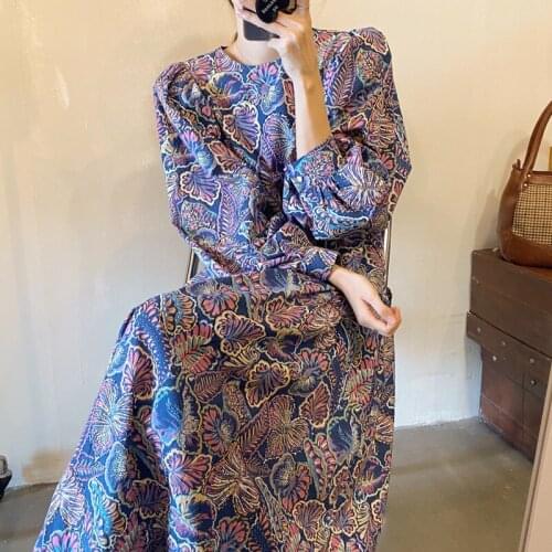 Women Retro Elegance Chiffon Loose Vestidos Floral Printing O-Neck Female All Match Long Dresses
