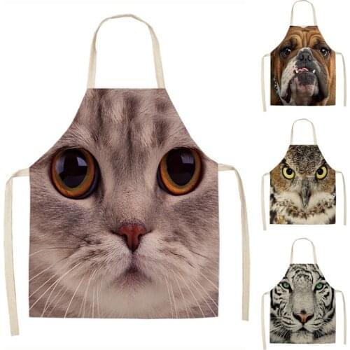1Pc Cat Tiger Dog Owl Printed Kitchen Apron Sleeveless Cotton Linen Aprons For Cooking Home Cleaning Tools 53*65cm