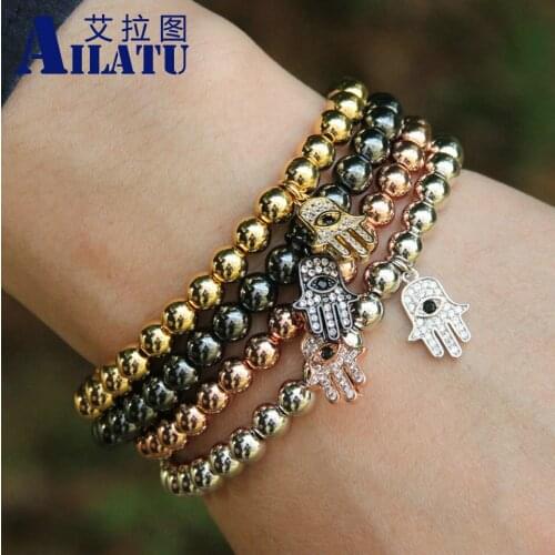Ailatu Hot Sale Turkish Religious Fatima Hand Bracelet 6mm Real Plated Copper Beads with Micro Pave Zircons Hamsa Pendant