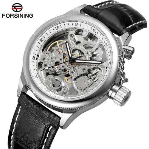 Forsining Mens Luxury Top Brand Automatic Self-wind Skeleton Anglogue Dial Watch With Genuine Leather Band Best Gift Gold Clock