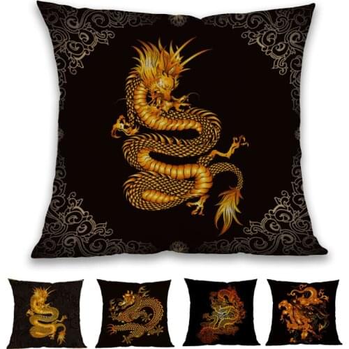 Dark Background Chinese Dragon Loong Golden Pattern Linen Throw Pillow Case Home Sofa Room Car Decorative Cushion Cover 45x45cm