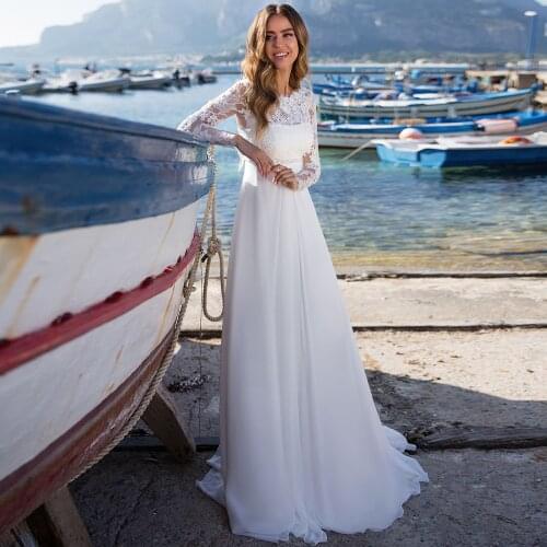 Cheap Wedding Dress A-line O-neck Chiffon Lace Applique Long Sleeves Sweep Train Summer Beach Wedding Gowns Vestido De Noiva
