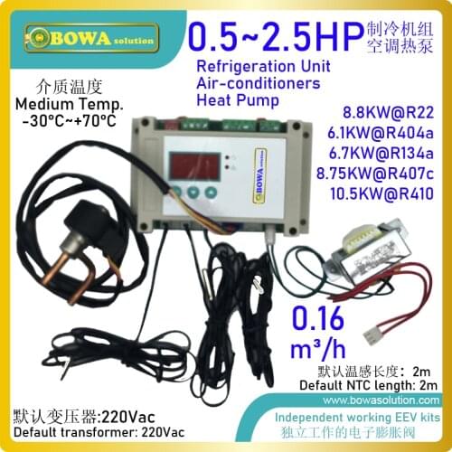EEV with superheat controller & sensors is regulating refrigerant flow widely and quickly, 0.16m3/h covering 0.5 to 2.5HP units