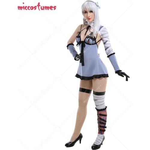 Kaine Sexy Bow-Strapped Lingerie Sleepwear Suspender Light Blue Dress Full Set Cosplay Costume with Leggings