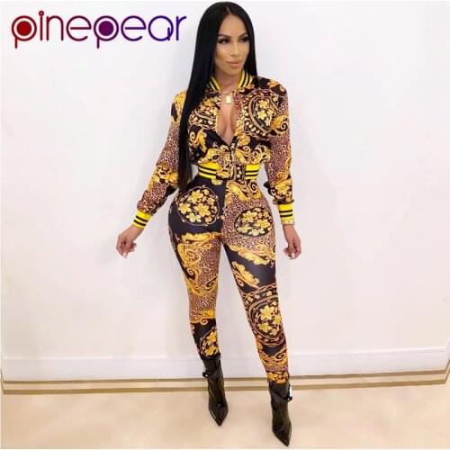 PinePear Gold Floral Print Leopard 2 Piece Outfits for Women Long Sleeve Jacket Crop Top and Pants Set Tracksuit Dropshipping