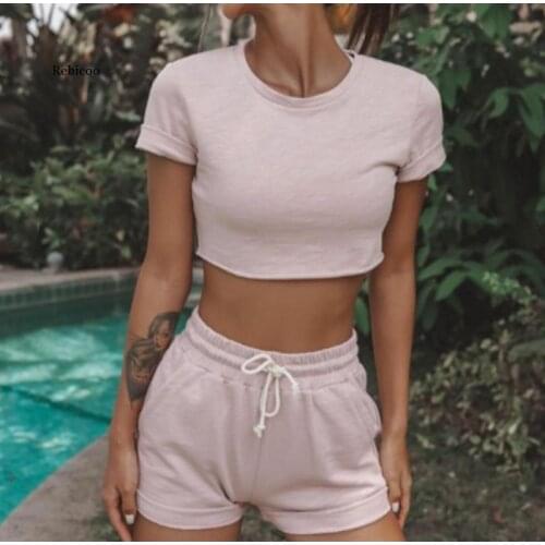 Summer Women Sports Shorts Suit Short Sleeve Solid Crop Tops Running Fitness Shorts Sets Lady Casual Slim O-Neck Lace Up