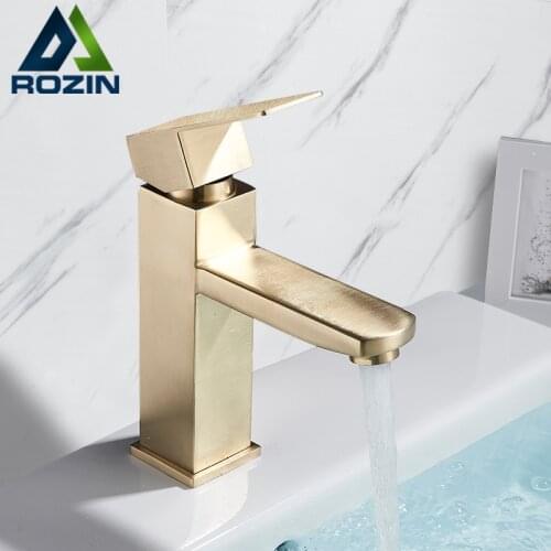 Brushed Gold Basin Sink Faucet Single Lever Square Hot Cold Water Tap Deck Mounted Bathroom Vessel Sink Mixers One Hole
