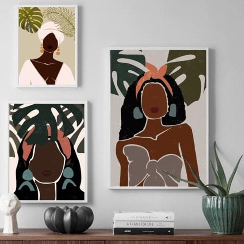 Fashion Abstract Black Girls Boho Wall Art Canvas Painting Nordic Poster Plants Print Afro Women Wall Pictures Living Room Decor