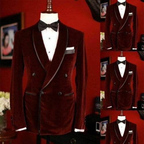 Velvet Mens Suits Double Breasted Burgundy Dark Purple 2 Pieces Party Dinner Wedding Custom size jacket pant