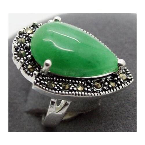 Natural Green Jade gem Drop Gems 925 Sterling Silver Marcasite Ring Size 7/8/9/10
