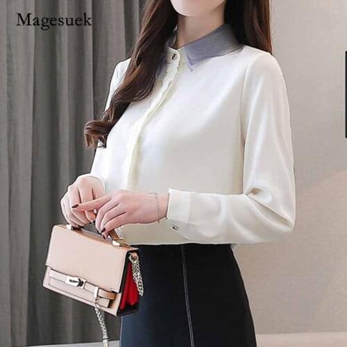 2020 Autumn Women Long Sleeve Lapel Lace Chiffon Tops and Blouse Slim Top Women Blouses Mesh Women Clothes Shirt Blusas 10241