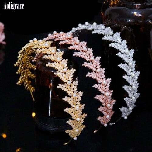 New Fashion Zirconia Pearls Wedding Headband Leaf Design Birthday Party Pageant Headpieces CZ Bridal Hairband Hair Accessories