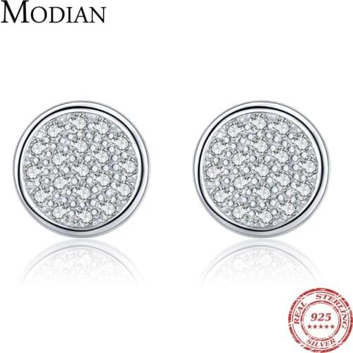 Modian Solid 925 Sterling Silver Round Simple Exquisite Clear CZ Stud Earrings For Women Girls Anti-allergy Fine Jewelry Gifts