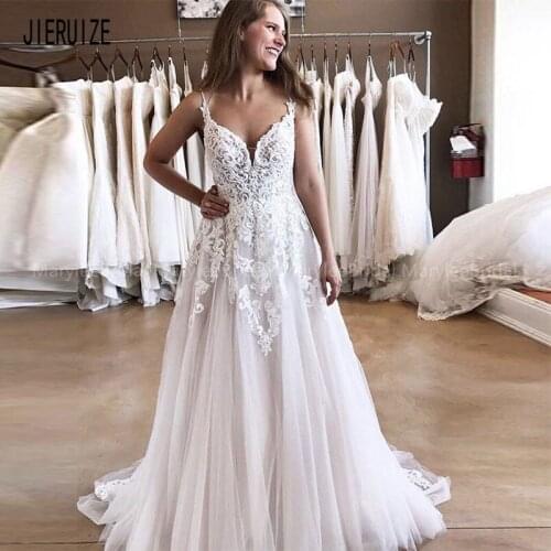 JIERUIZE Elegant Sleeveless Wedding Dresses V Neck Appliques Bridal Gowns Lace Up Back A Line Wedding Gowns robe de mariee