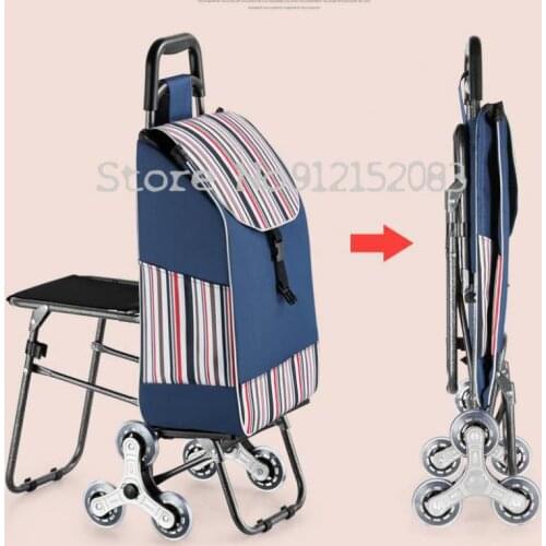 Stool Seat Climbing Stairs Shopping Cart Folding Grocery Shopping Cart Seat Hand Trolley Elderly Household Trolley Car Hand-draw