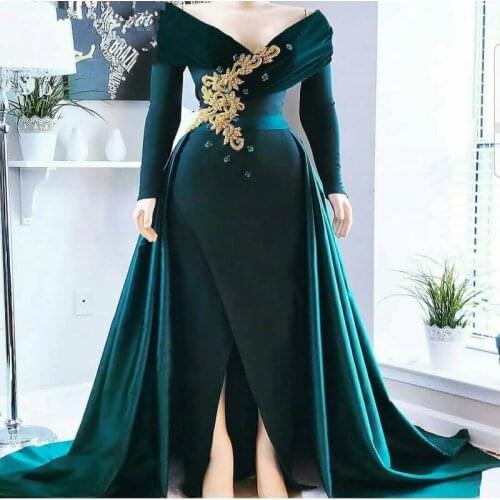 Green Evening Dresses A-line V-neck Long Sleeves Beaded Slit Sexy Dubai Saudi Arabia Long Prom Dress Gown Robe De Soiree