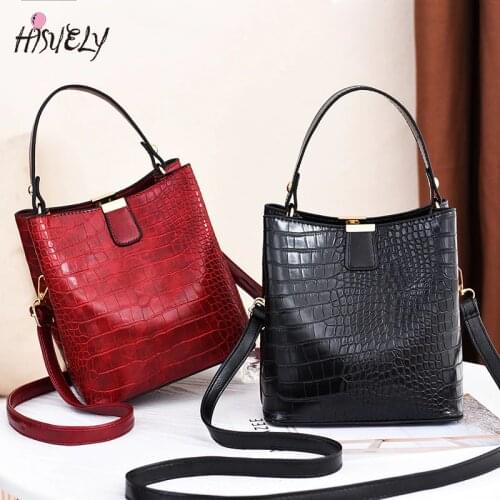 HISUELY Stone Pattern Women PU Leather Handbags Bucket Bags 2021 Crossbody Shoulder Messenger Bag Fashion Female Top-handle Tote