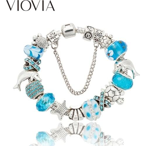 VIOVIA Ocean Series Blue Dolphin Tortoise Charm Bracelets & Bangles for Women Original Crystal Bracelet DIY Jewelry B15410