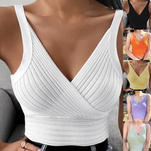 2021 Summer Women Pull Femme Low Cut Sexy Knitted Vest T-shirt Deep V-neck Cropped Top Elastic tank top Sleeveless Solid T Shirt
