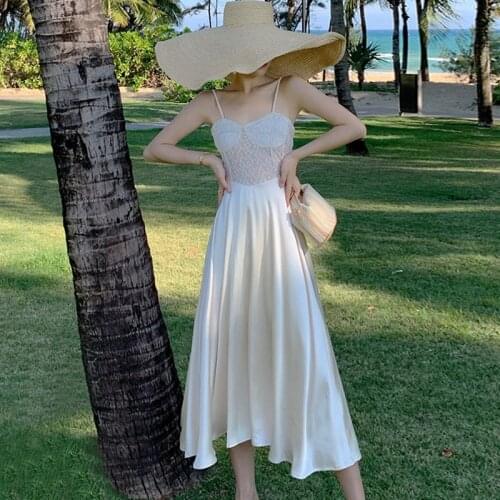 New Arrival Fashion Summer Long Beach Dress Women Temperament Elegant Sexy Strap Vacation Clothes Lace Satin White Party dress