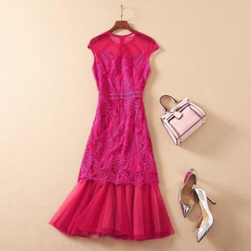 Women Spring Embroidery Summer Runway Fashion Sleeveless Flower Mesh Ruffles Long New Year Dress