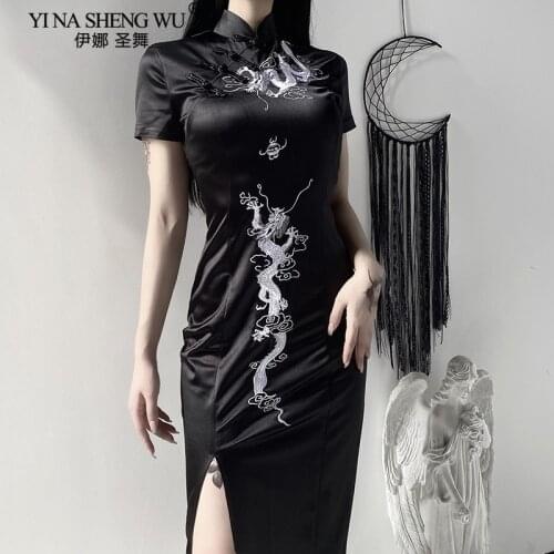 Women Black Vintage Dress New Cheongsam Hand Button Long Dresses Dragon Embroidery Slim Female Summer Autumn Dress High Quality
