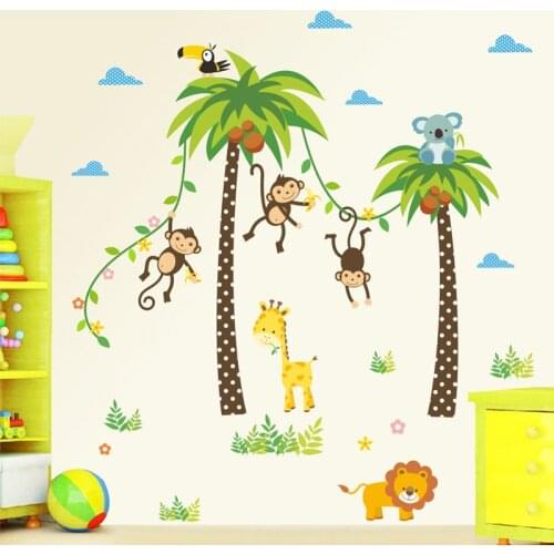 Giraffe Lion Monkey Palm Tree Forest Animals wall stickers for kids room Children Bedroom Wall Decals Nursery Decor Poster Mural