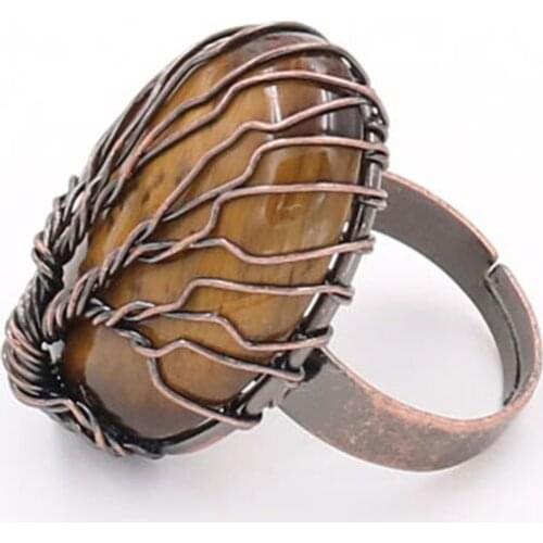 FYSL Antique Copper Wire Wrap Oval Shape Tiger Eye Stone Resizable Finger Ring Black Agates Jewelry